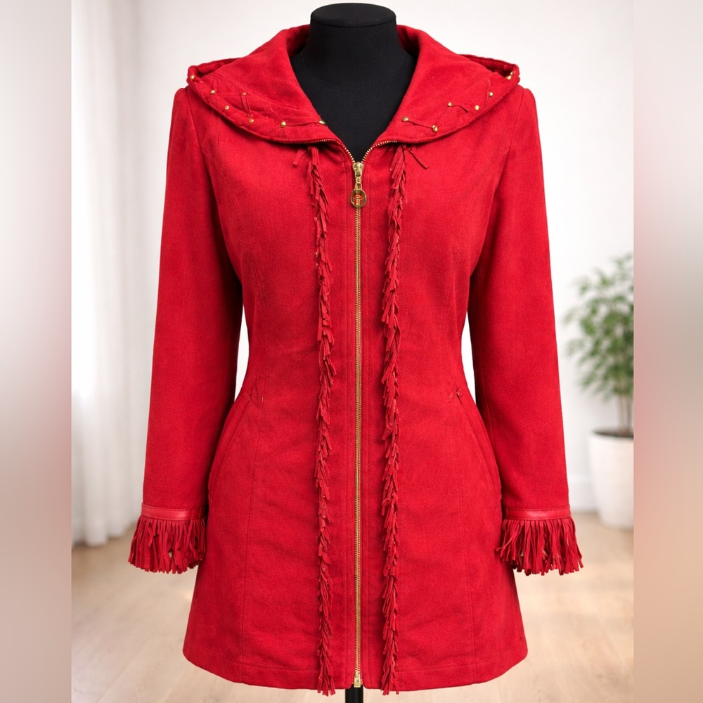Red Fringe Coat with the .Zip Front Statement Jacket Festival Western